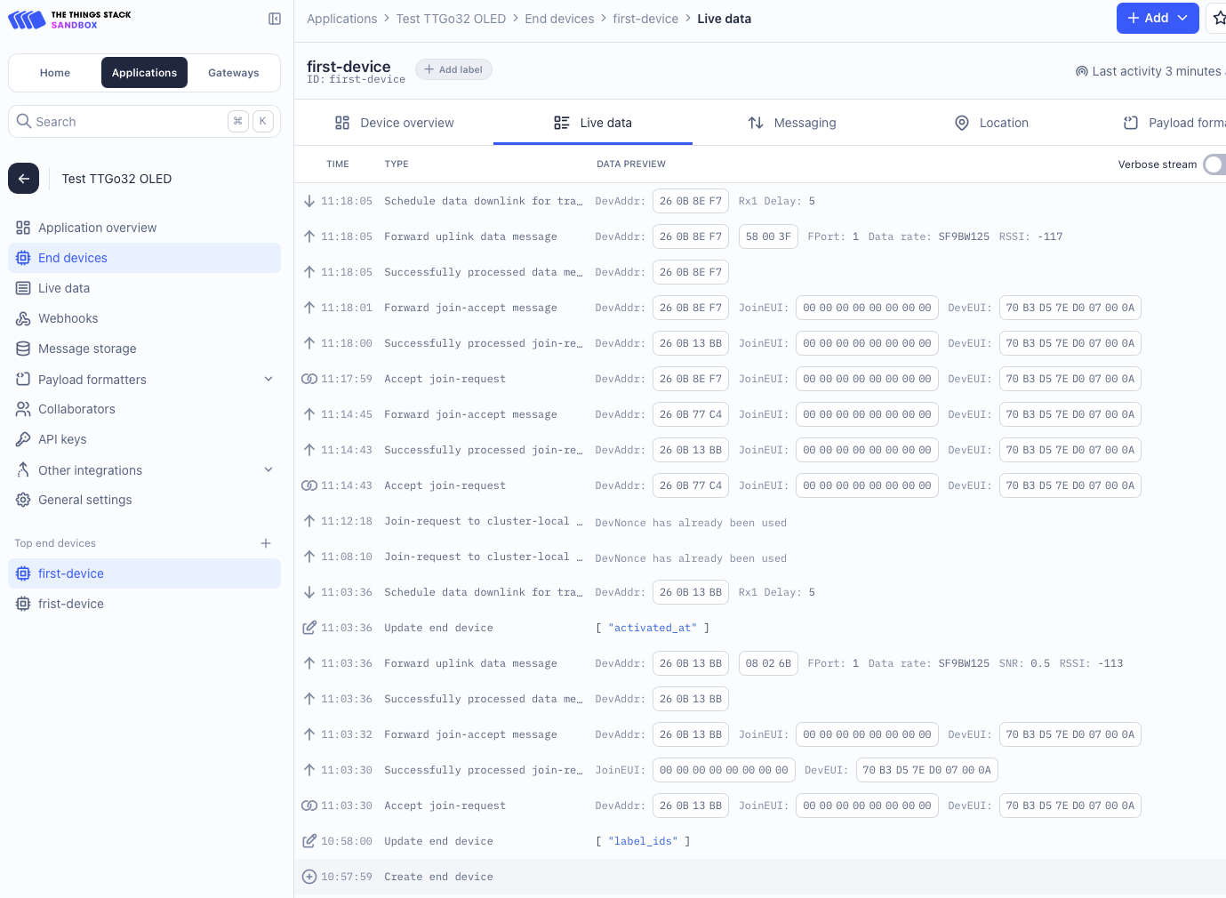 TTN console messages